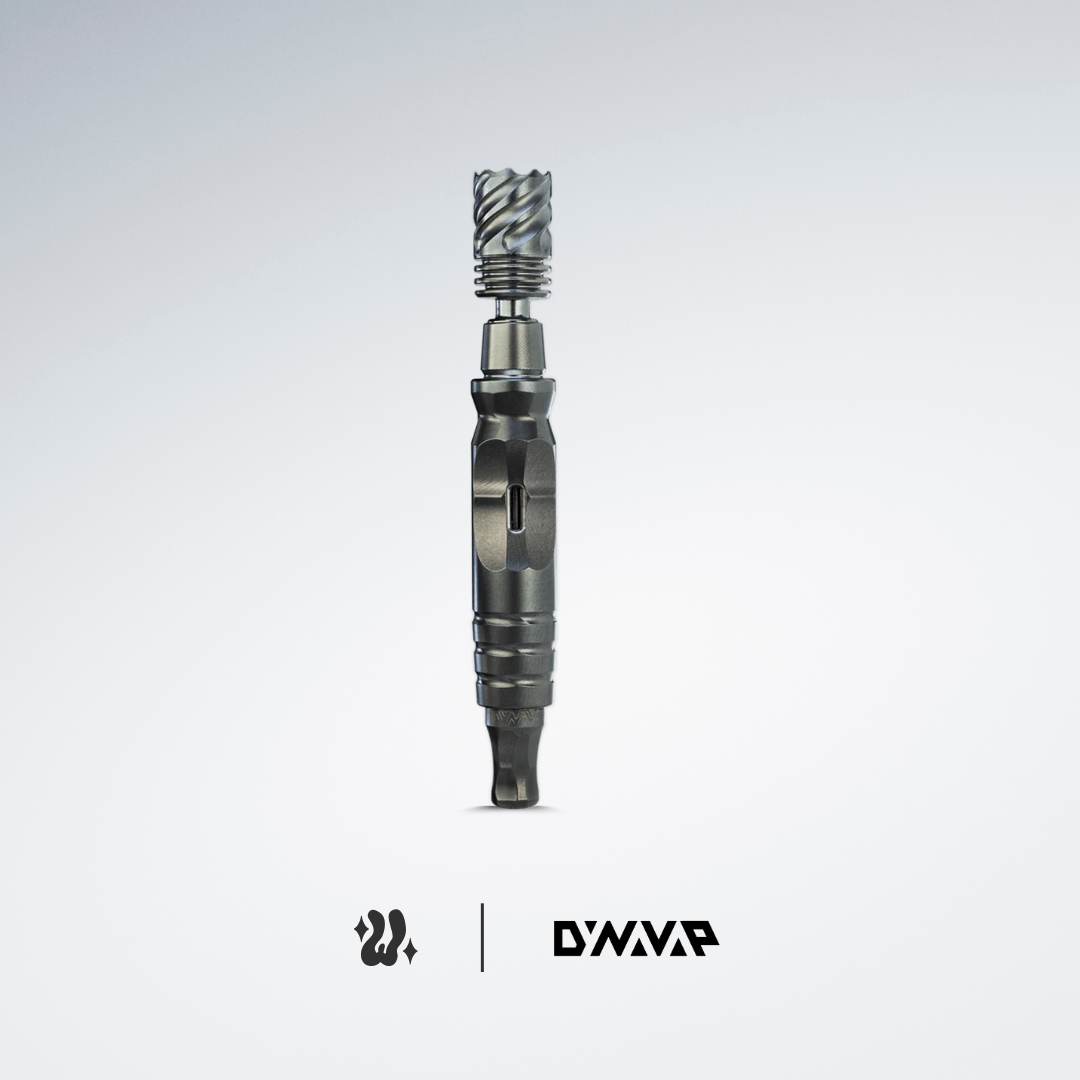 DynaVap HyperDyn Titanium Edition herbal vaporizer on a minimalistic background.