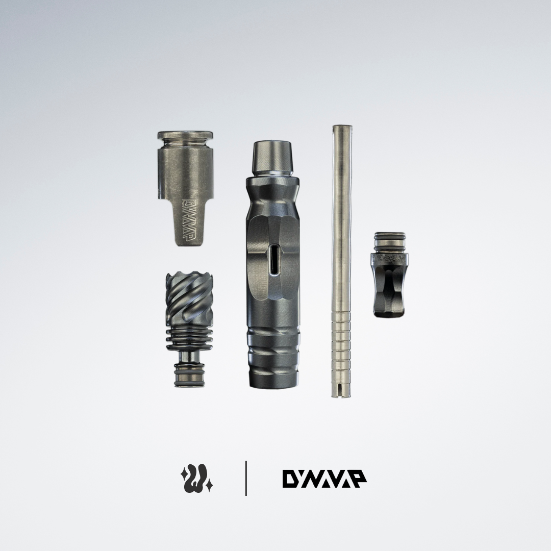 DynaVap HyperDyn vaporizer parts arranged, showcasing titanium components and brand logo.