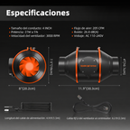 Extractor en línea de 4 pulgadas con flujo de 205 CFM y consumo de 27 W