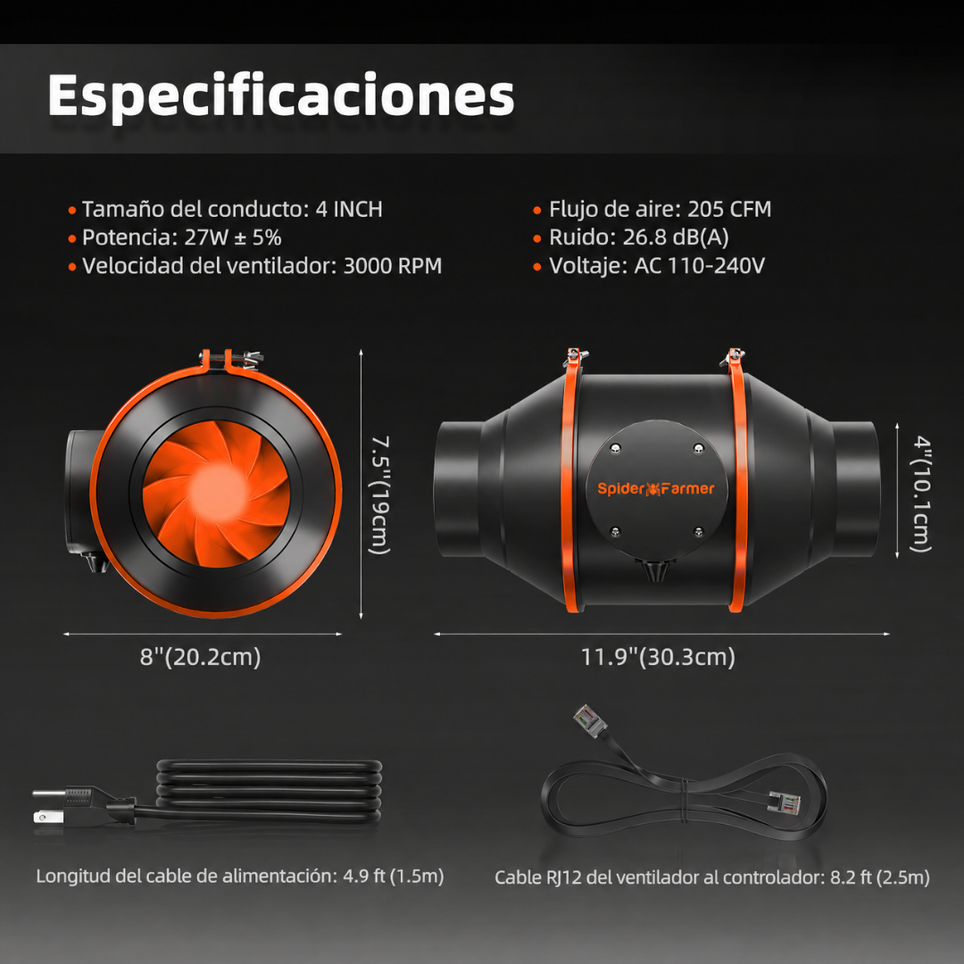 Extractor en línea de 4 pulgadas con flujo de 205 CFM y consumo de 27 W
