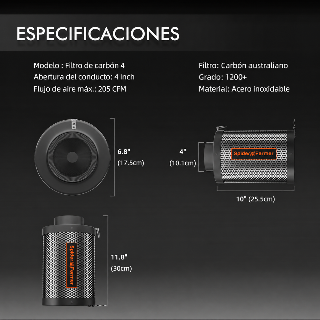 Extractor Spider Farmer con nivel de ruido de 26,8 dB(A) y motor de 3000 RPM