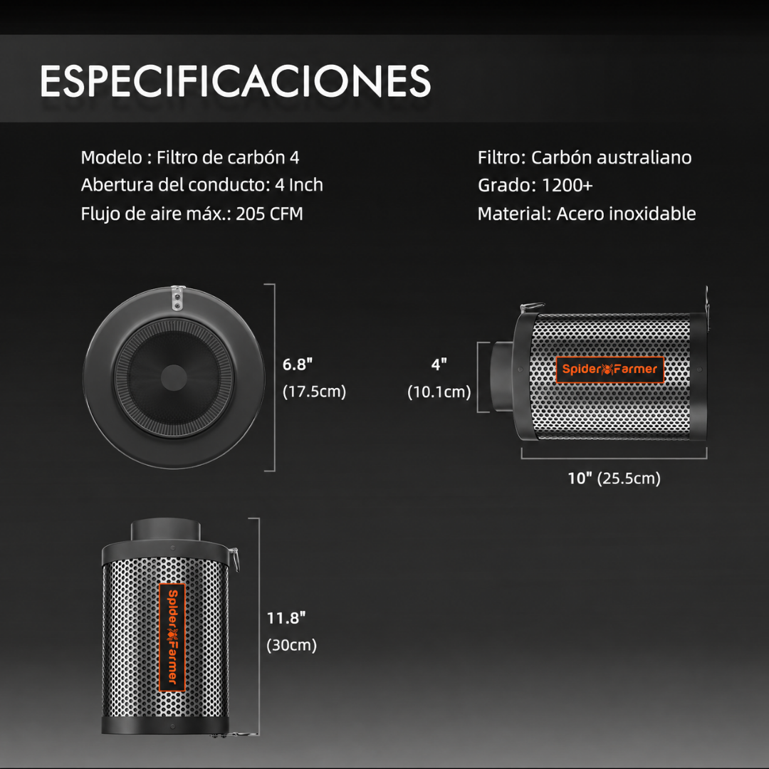 Extractor Spider Farmer con nivel de ruido de 26,8 dB(A) y motor de 3000 RPM